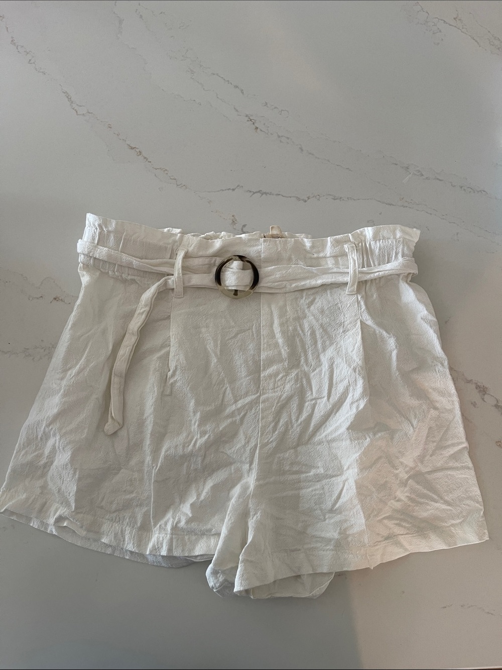La Hearts White High-Waist Paperbag Shorts with Belt